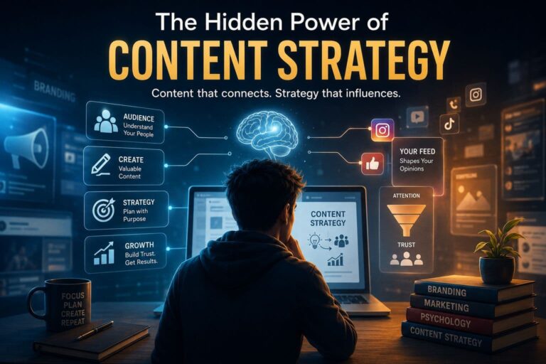 The Hidden Power of Content Strategy infographic showing audience research, content creation, branding, and social media influence by a Digital Marketing Analyst in Ernakulam.