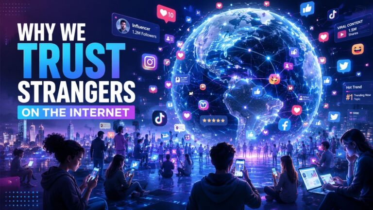Why we trust strangers on the internet illustration showing social media influence, online reviews, viral content, influencers, and consumer trust explained by a Digital Marketing Analyst in Ernakulam.