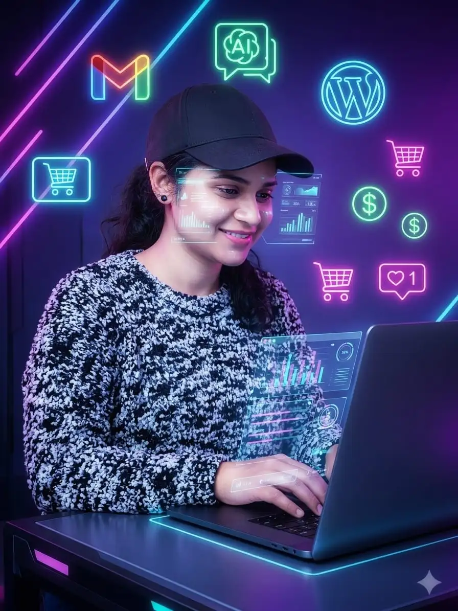 Digital Marketing Analyst in Ernakulam using a laptop wearing a black cap in a futuristic digital workspace."